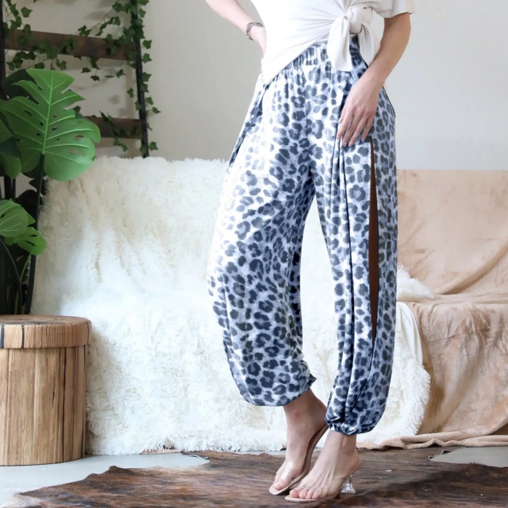 Zenana Blue Leopard Split Side Pants - image 1